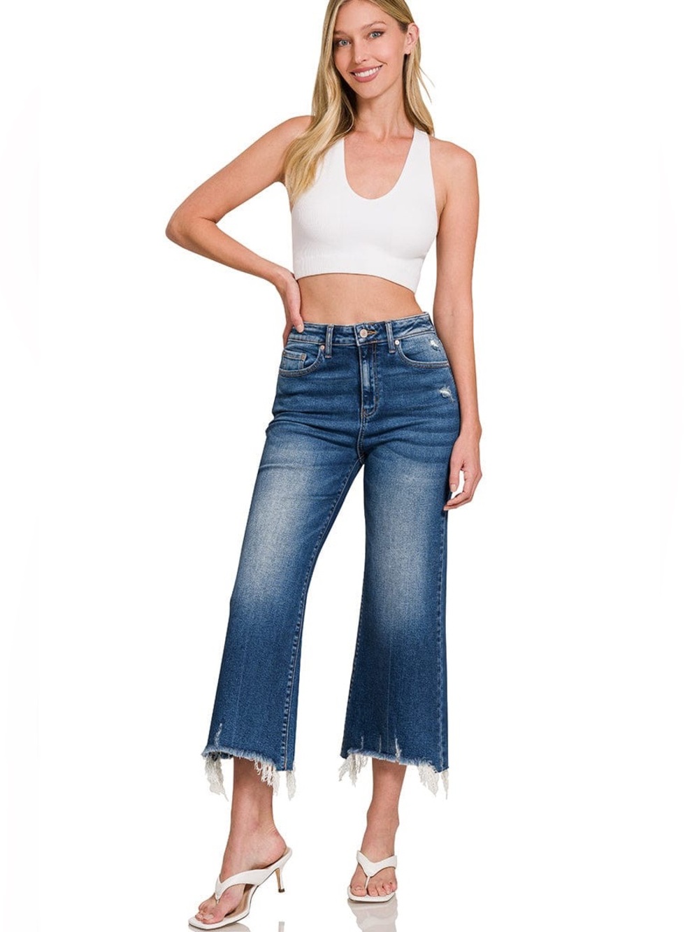 NWT ZENANA Dark Wash Distressed Wide Leg Crop Stretch Denim Jeans Sz (2/26-14/32